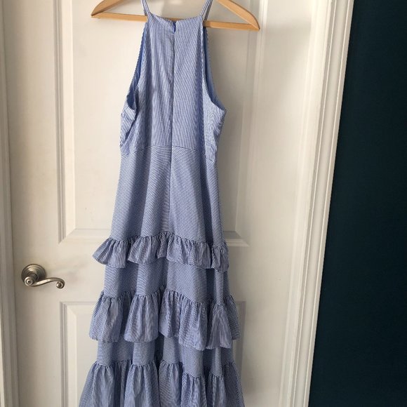 Blue and White Striped Ruffle Midi Dress - Picture 2 of 3